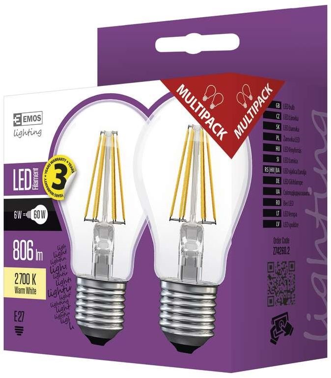 Emos Z74260.2 FILAMENT A60 A++ 6W E27 806 lumen meleg fehér LED izzó 2db/csomag