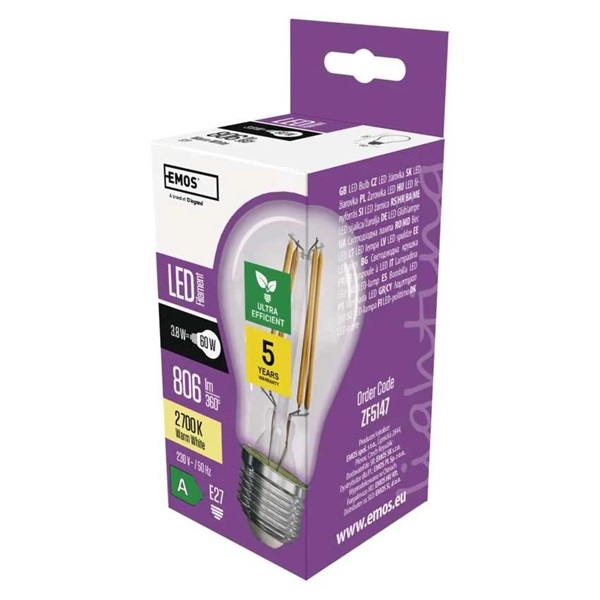 Emos ZF5147 E27/3,8 W (60 W)/806 lm/meleg fehér filament A60 A clasS LED izzó