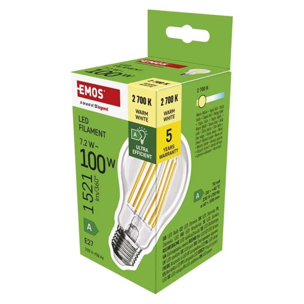 Emos ZF5167 E27/7,2 W (100 W)/1521 lm/meleg fehér filament A60 A clasS LED izzó