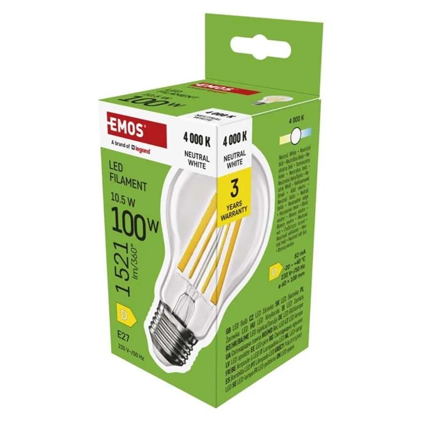 Emos ZF5D63 E27/10,5 W (100 W)/1521 lm/természetes fehér filament A60 LED izzó