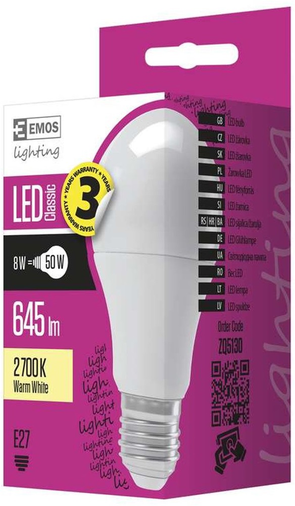 Emos ZQ5130 CLASSIC A60 8W E27 645 lumen meleg fehér LED izzó