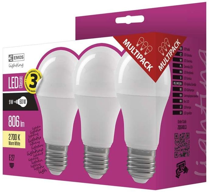 Emos ZQ5140.3 CLASSIC A60 9W E27 806 lumen meleg fehér LED izzó 3db/csomag