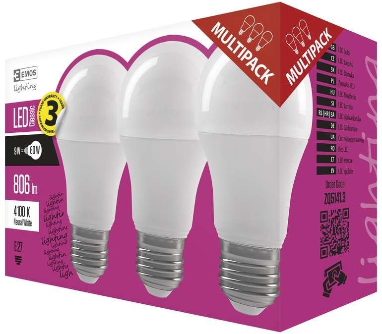 Emos ZQ5141.3 CLASSIC A60 9W E27 806 lumen természetes fehér LED izzó 3db/csomag
