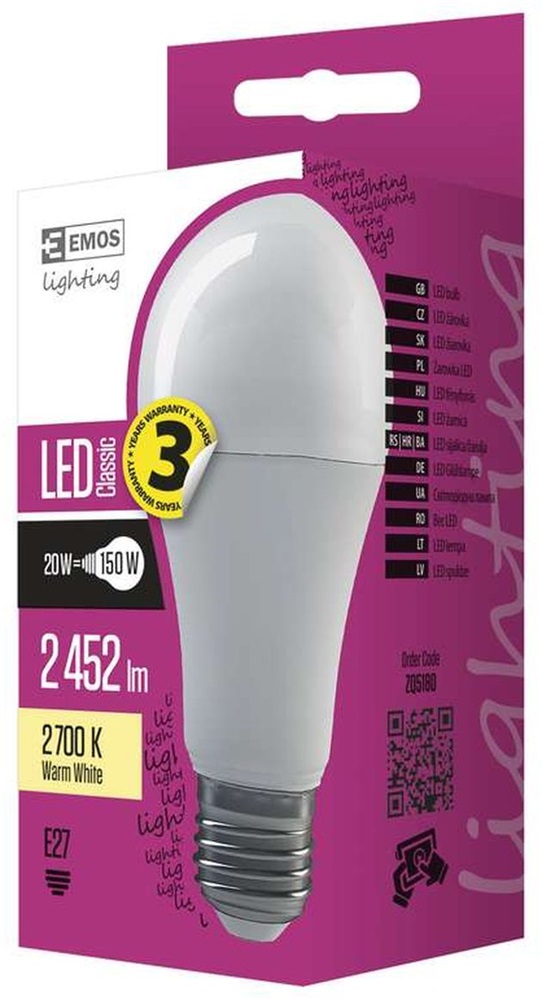 Emos ZQ5180 CLASSIC A67 20W E27 2452 lumen meleg fehér LED izzó