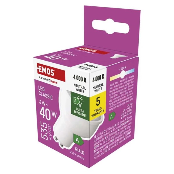 Emos ZQ8338 MR16 A clasS/ GU10/3 W (40 W)/535 lm/természetes fehér classic LED izzó