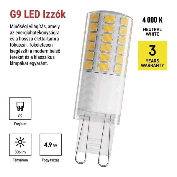 Emos ZQ9C43 classic JC 4,9W(60W)  806lumen G9 LED izzó