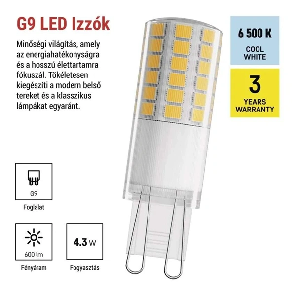 Emos ZQ9D34 classic JC 4,3W(48W)  600lumen G9 LED izzó