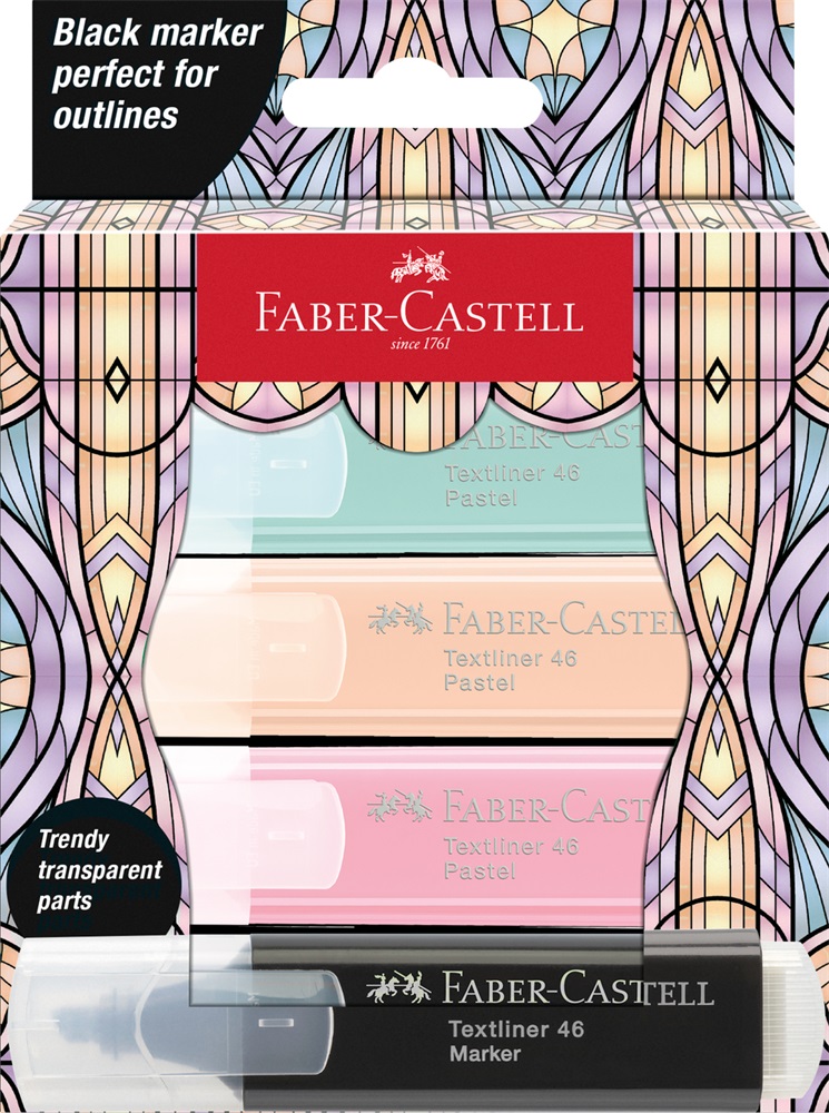 Faber-Castell Glassy 4 db-os pasztell+fekete szövegkiemelő készlet