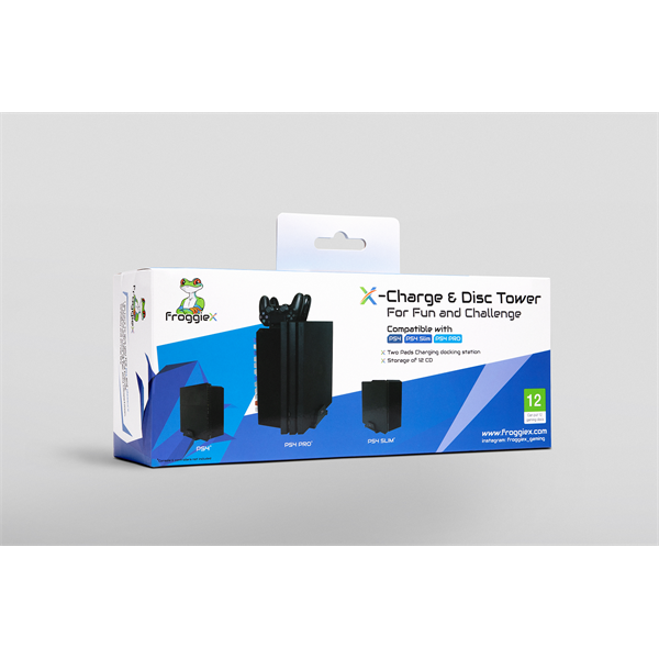 FroggieX FX-P4-C1-B Charge & Disc Tower PS4 dual töltőállomás + lemez tartó állvány