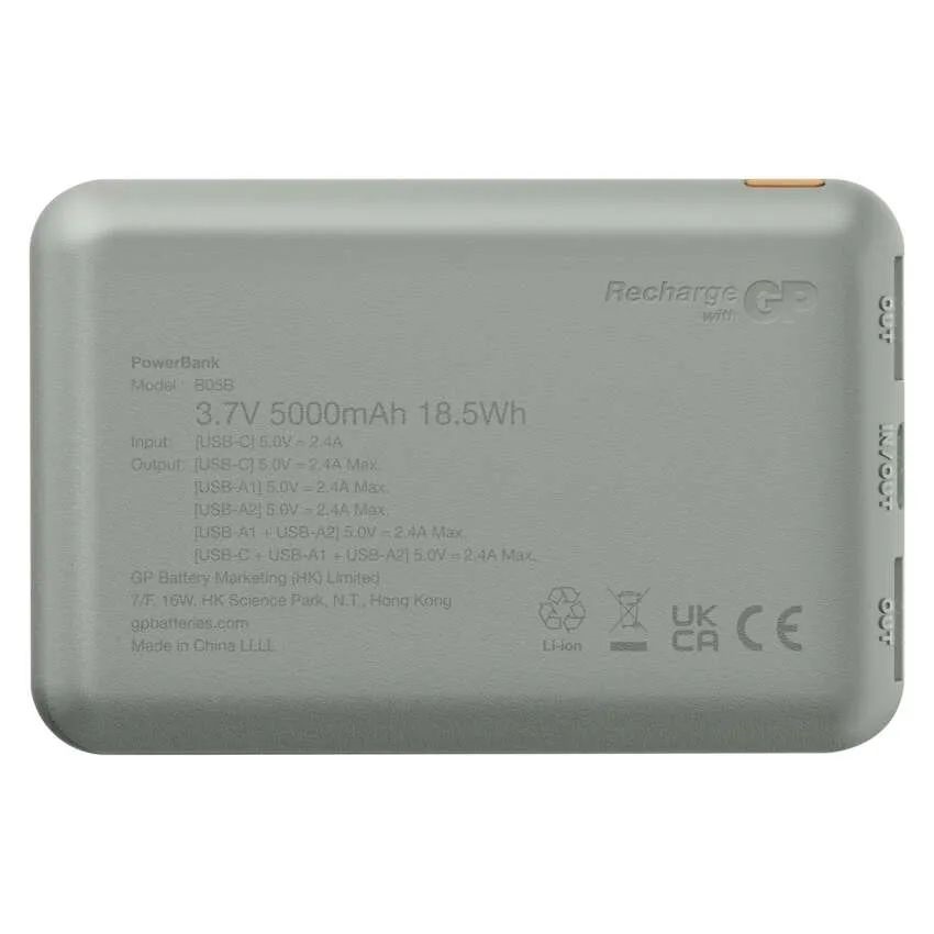 GP B+ Series, 5 000 mAh, 12 W, zöldesszürke powerbank