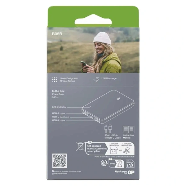 GP B+ Series, 5 000 mAh, 12 W, zöldesszürke powerbank
