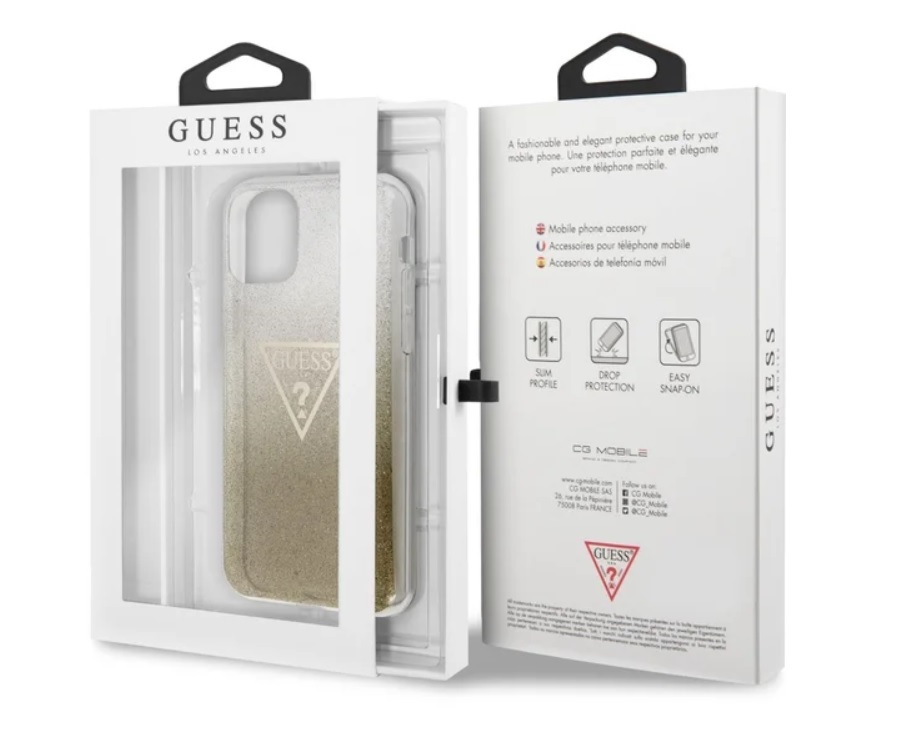 GUESS iPhone 11 Pro Max csillámos folyadékos háromszöges arany TPU tok