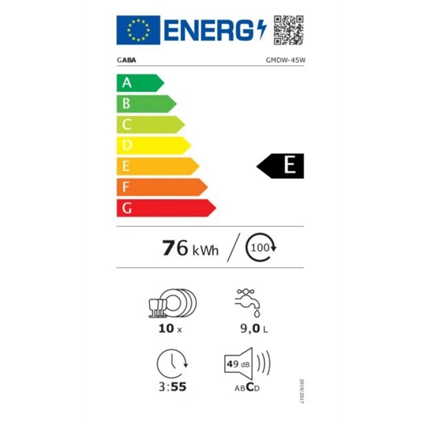Gaba GMDW-45W fehér, programok száma: 5, szabadonálló, 10 terítékes mosogatógép