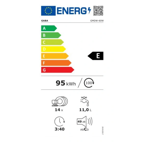 Gaba GMDW-60W fehér, programok száma: 5, szabadonálló, 14 terítékes mosogatógép (Újszerű)