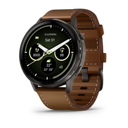 Garmin 010-03014-03 Venu 4 (45mm) fekete szilikon és barna bőrszíjjal sötétszürke okosóra