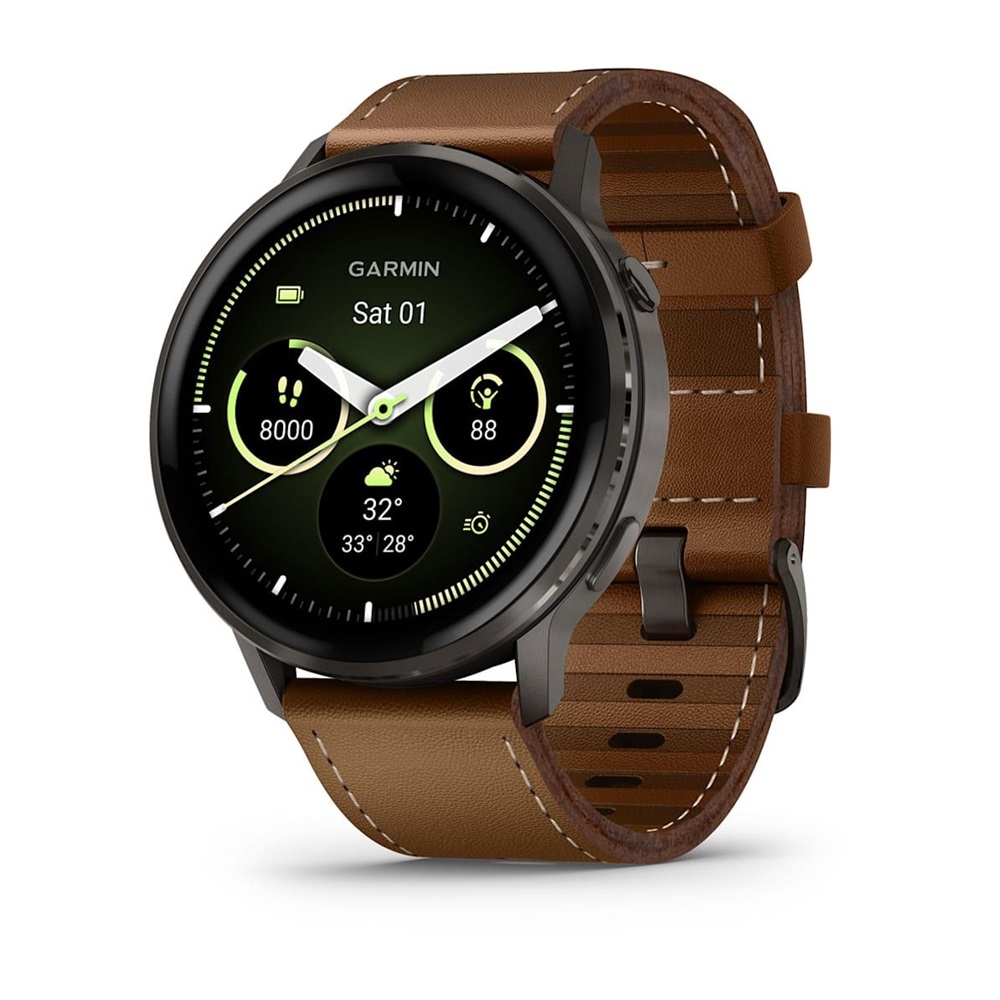 Garmin 010-03014-03 Venu 4 (45mm) fekete szilikon és barna bőrszíjjal sötétszürke okosóra
