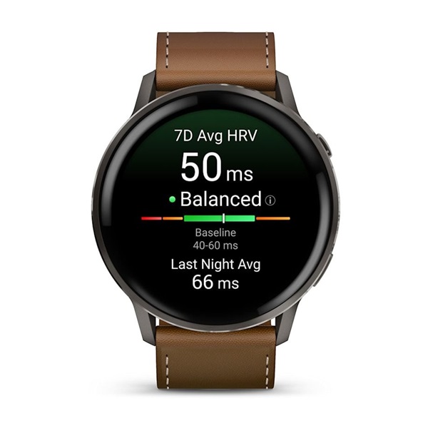 Garmin 010-03014-03 Venu 4 (45mm) fekete szilikon és barna bőrszíjjal sötétszürke okosóra