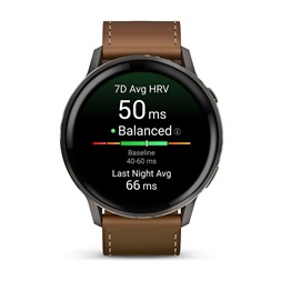 Garmin 010-03014-03 Venu 4 (45mm) fekete szilikon és barna bőrszíjjal sötétszürke okosóra