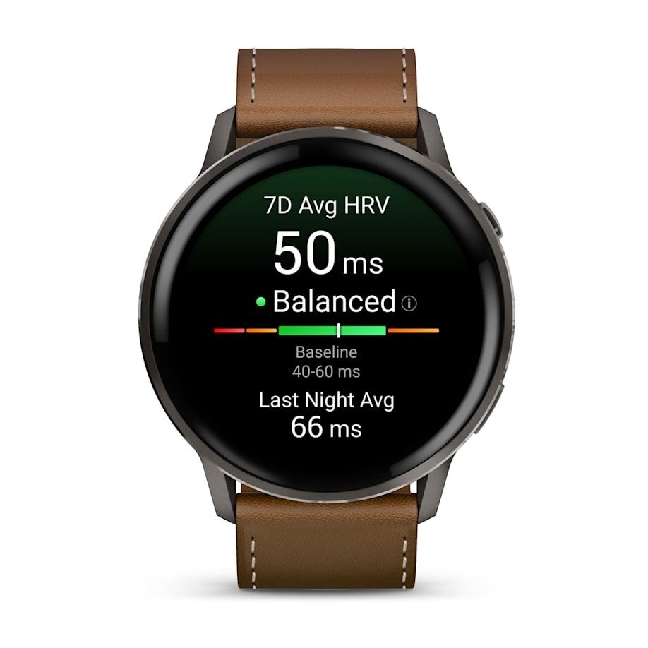 Garmin 010-03014-03 Venu 4 (45mm) fekete szilikon és barna bőrszíjjal sötétszürke okosóra
