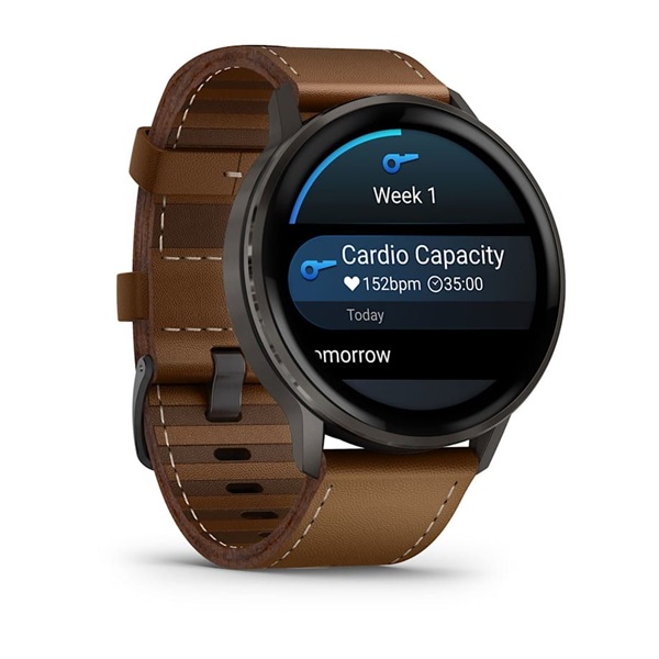 Garmin 010-03014-03 Venu 4 (45mm) fekete szilikon és barna bőrszíjjal sötétszürke okosóra