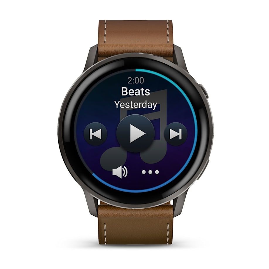 Garmin 010-03014-03 Venu 4 (45mm) fekete szilikon és barna bőrszíjjal sötétszürke okosóra
