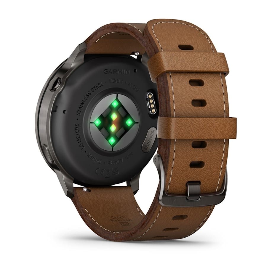 Garmin 010-03014-03 Venu 4 (45mm) fekete szilikon és barna bőrszíjjal sötétszürke okosóra