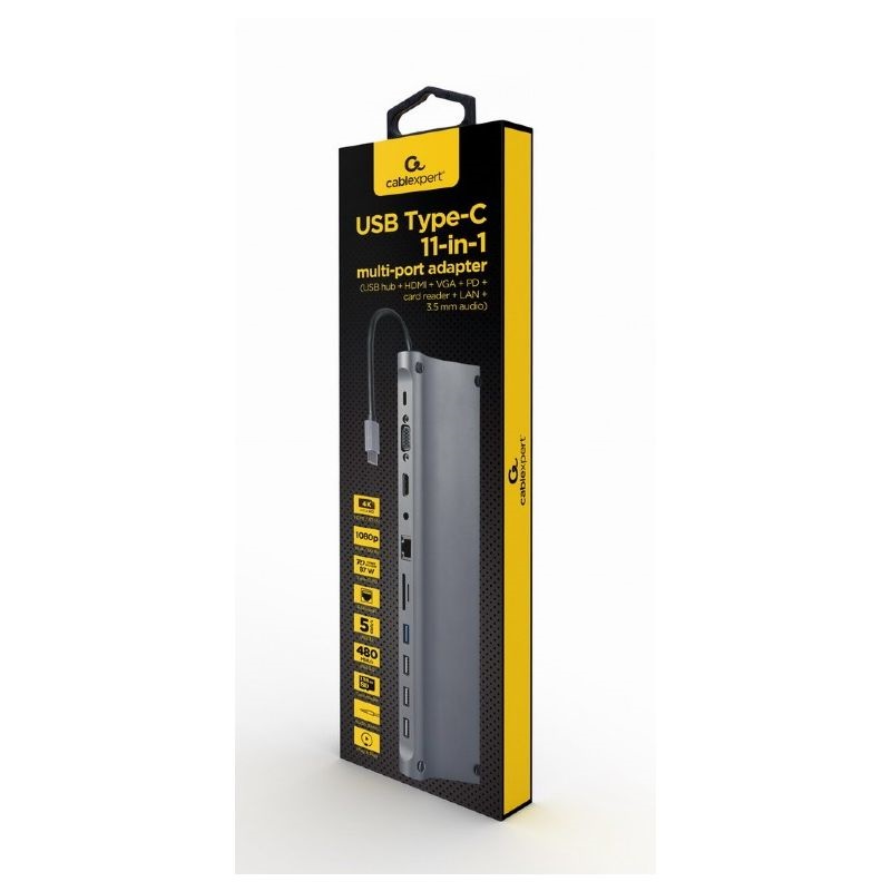 Gembird A-CM-COMBO11-01 11in1 szürke Type C USB HUB