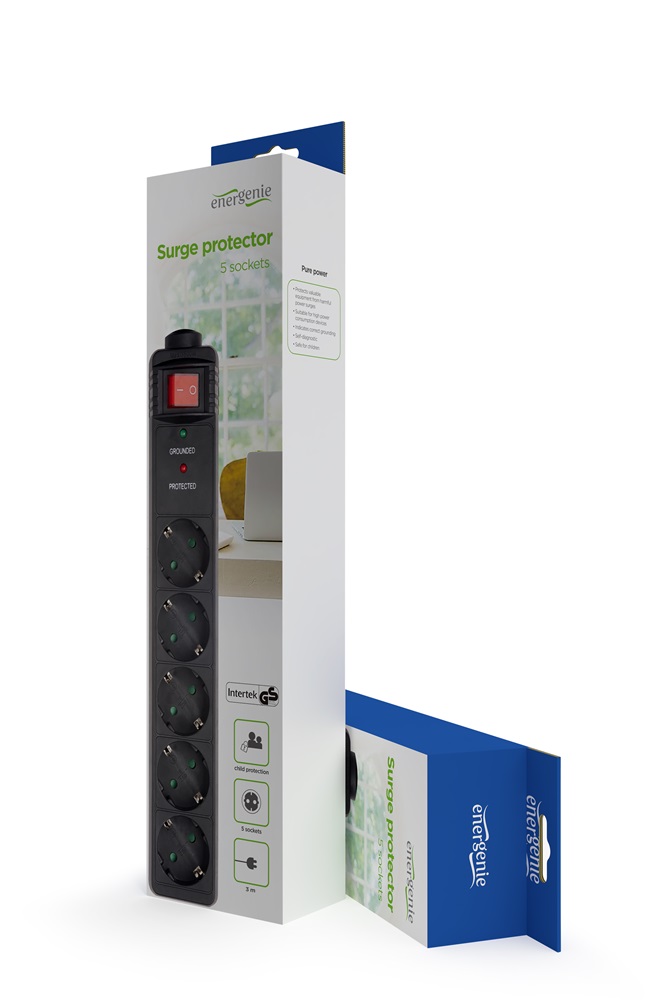 Gembird SPG5-C-10 Energenie 3m Schuko 5-ös fekete hálózati elosztó