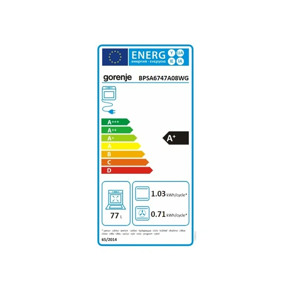 Gorenje BPSA6747A08WG fehér, beépíthető, sütőtér:77L, grill, légkeveréses, sütő