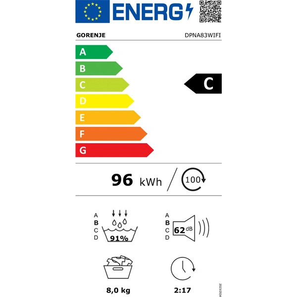 Gorenje DPNA83WIFI fehér, 8kg, hőszivattyús, szárítógép