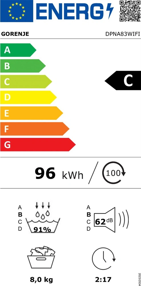 Gorenje DPNA83WIFI fehér, 8kg, hőszivattyús, szárítógép