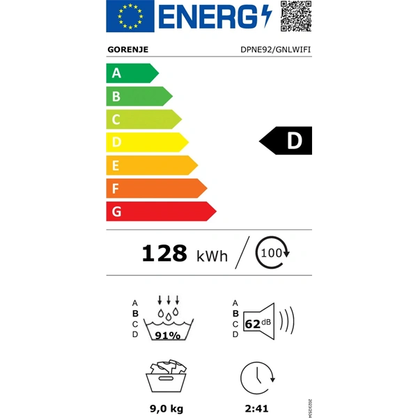 Gorenje DPNE92/GNLWIFI fehér, 9kg, hőszivattyús szárítógép