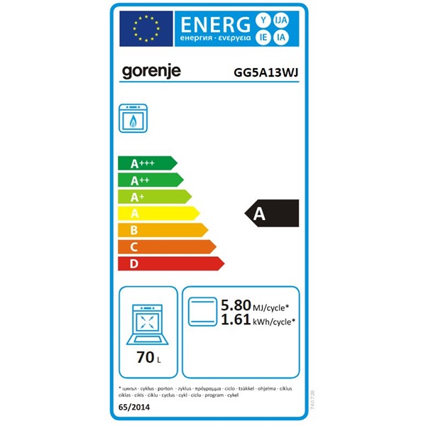 Gorenje GG5A13WJ fehér, szabadonálló, gáz, főzőzóna: 4, sütő:70L, tűzhely