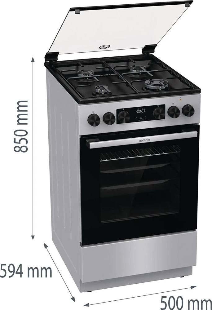 Gorenje GK5C41SJ inox, szabadonálló, gáz, kombinált, főzőzóna: 4, sütő:62L, grill, tűzhely