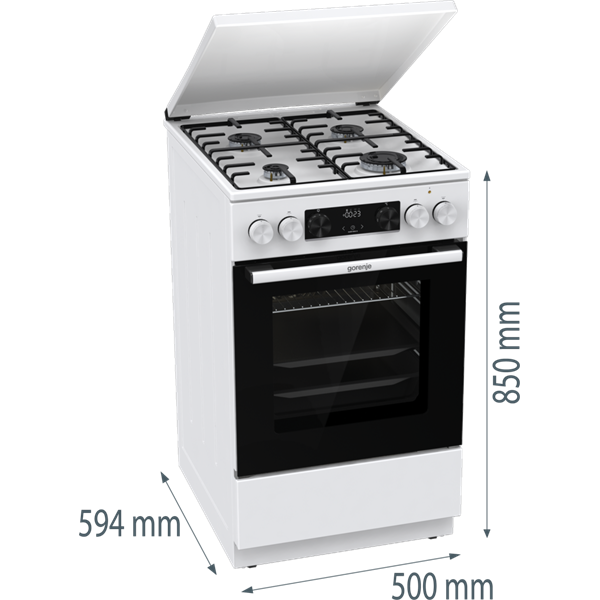 Gorenje GK5C64WH fehér, szabadonálló, gáz, kombinált, főzőzóna: 4, sütő:70L, grill, tűzhely (Újszerű)