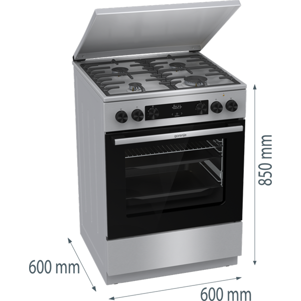 Gorenje GKS6C71XF Inox, szabadonálló, gáz, kombinált, főzőzóna: 4, sütő:71L, grill, tűzhely