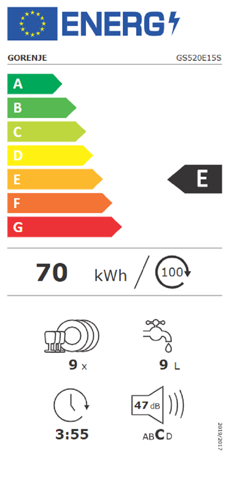 Gorenje GS520E15S inox, programok száma: 5, keskeny szabadonálló, 9 terítékes mosogatógép 
