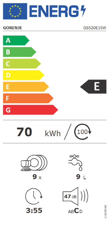 Gorenje GS520E15W fehér, programok száma: 5, keskeny szabadonálló, 9 terítékes mosogatógép 