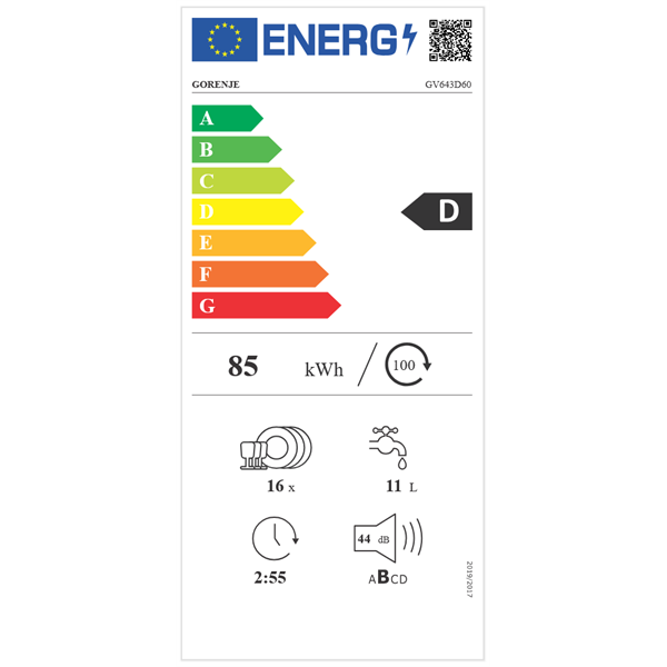 Gorenje GV16D beépíthető 16 terítékes mosogatógép