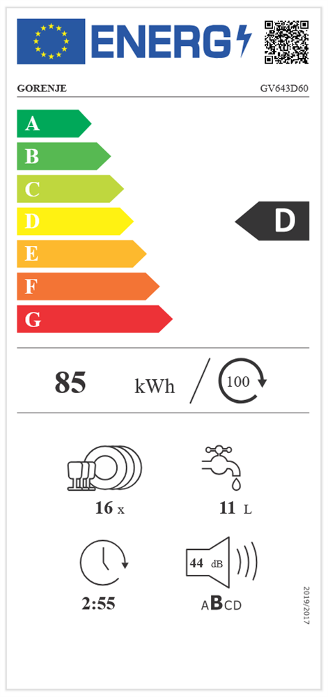 Gorenje GV16D programok száma: 6, beépíthető, 16 terítékes mosogatógép 