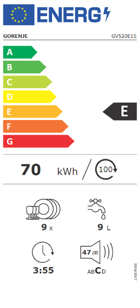 Gorenje GV520E15 programok száma: 5, keskeny beépíthető, 9 terítékes mosogatógép 