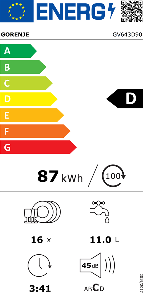 Gorenje GV643D90 programok száma: 6, beépíthető, 16 terítékes mosogatógép 
