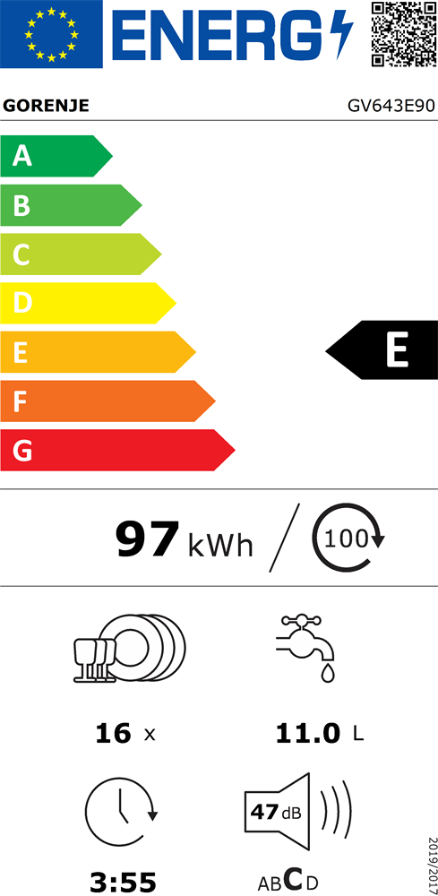 Gorenje GV643E90 programok száma: 6, beépíthető, 16 terítékes mosogatógép 