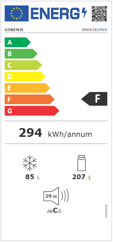 Gorenje NRK6181PW4 fehér, alulfagyasztós, Hűtő:207L, Fagyasztó:85L, No frost Plus hűtőszekrény