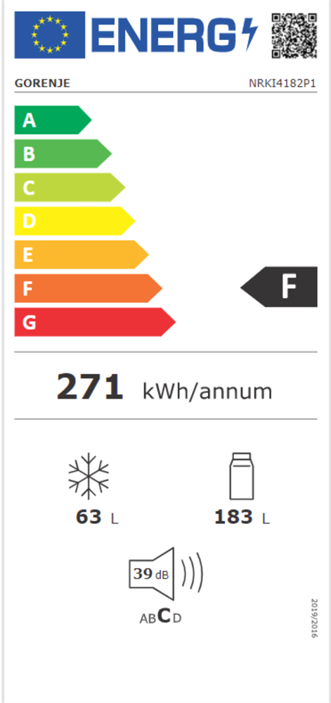 Gorenje NRKI4182P1 alulfagyasztós, beépíthető, Hűtő:183L, Fagyasztó:63L, No frost hűtőszekrény