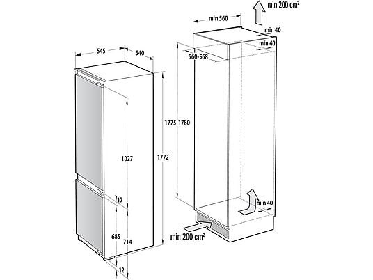 Gorenje NRKI517E62WF fehér, alulfagyasztós, beépíthető, Hűtő:176L, Fagyasztó:76L, No frost hűtőszekrény