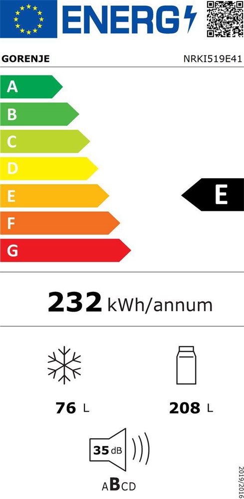 Gorenje NRKI519E41 fehér, alulfagyasztós, beépíthető, Hűtő:208L, Fagyasztó:76L, hűtőszekrény
