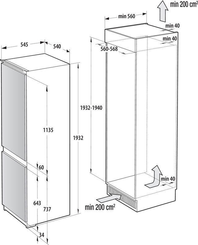 Gorenje NRKI519E41 fehér, alulfagyasztós, beépíthető, Hűtő:208L, Fagyasztó:76L, hűtőszekrény