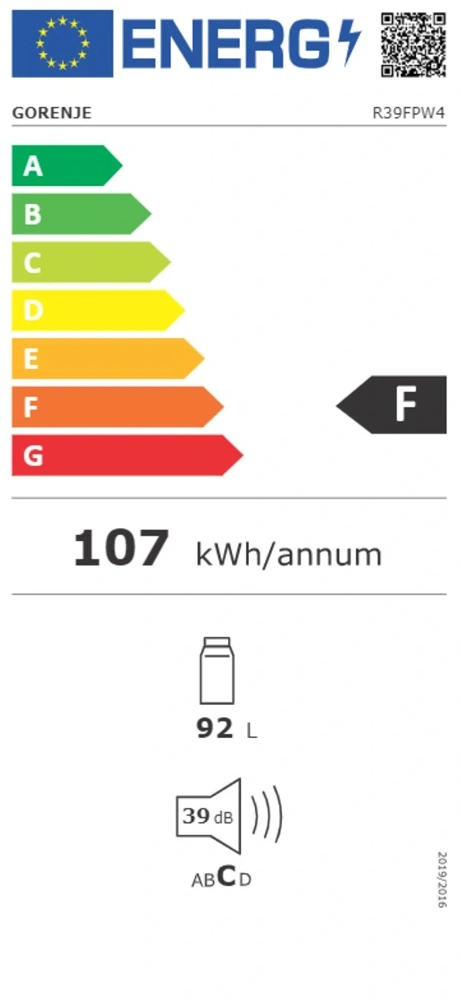 Gorenje R39FPW4 fehér, egyajtós, Hűtő:92L, hűtőszekrény (Használt - A)