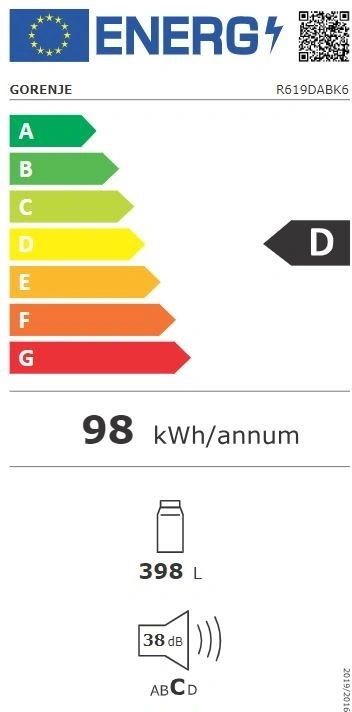 Gorenje R619DABK6 fekete, egyajtós, Hűtő:398L, hűtőszekrény